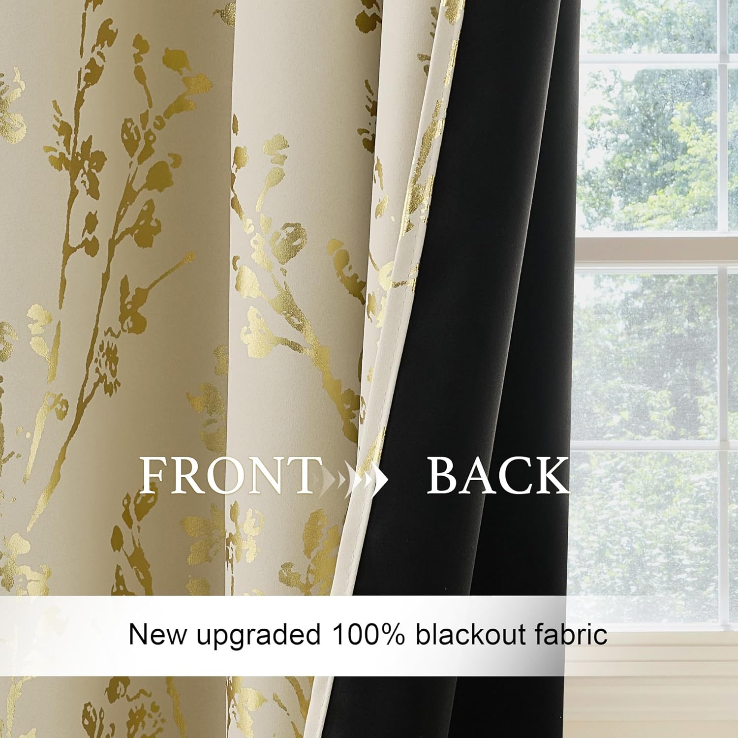 Cream blackout curtain with gold botanical pattern on the front and solid black backing visible.