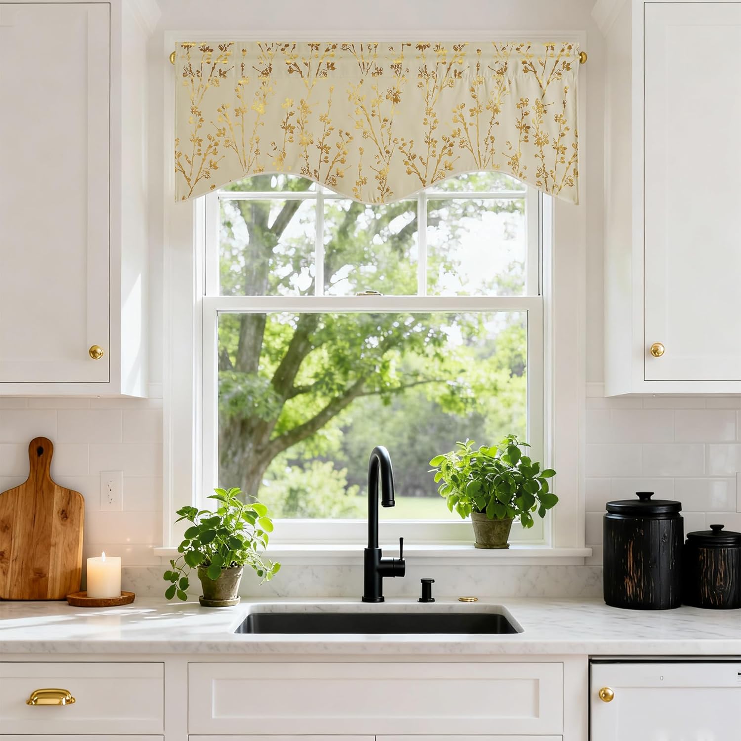 Cream valance with shimmering gold botanical branch pattern hanging above a kitchen sink, showcasing its elegant design.