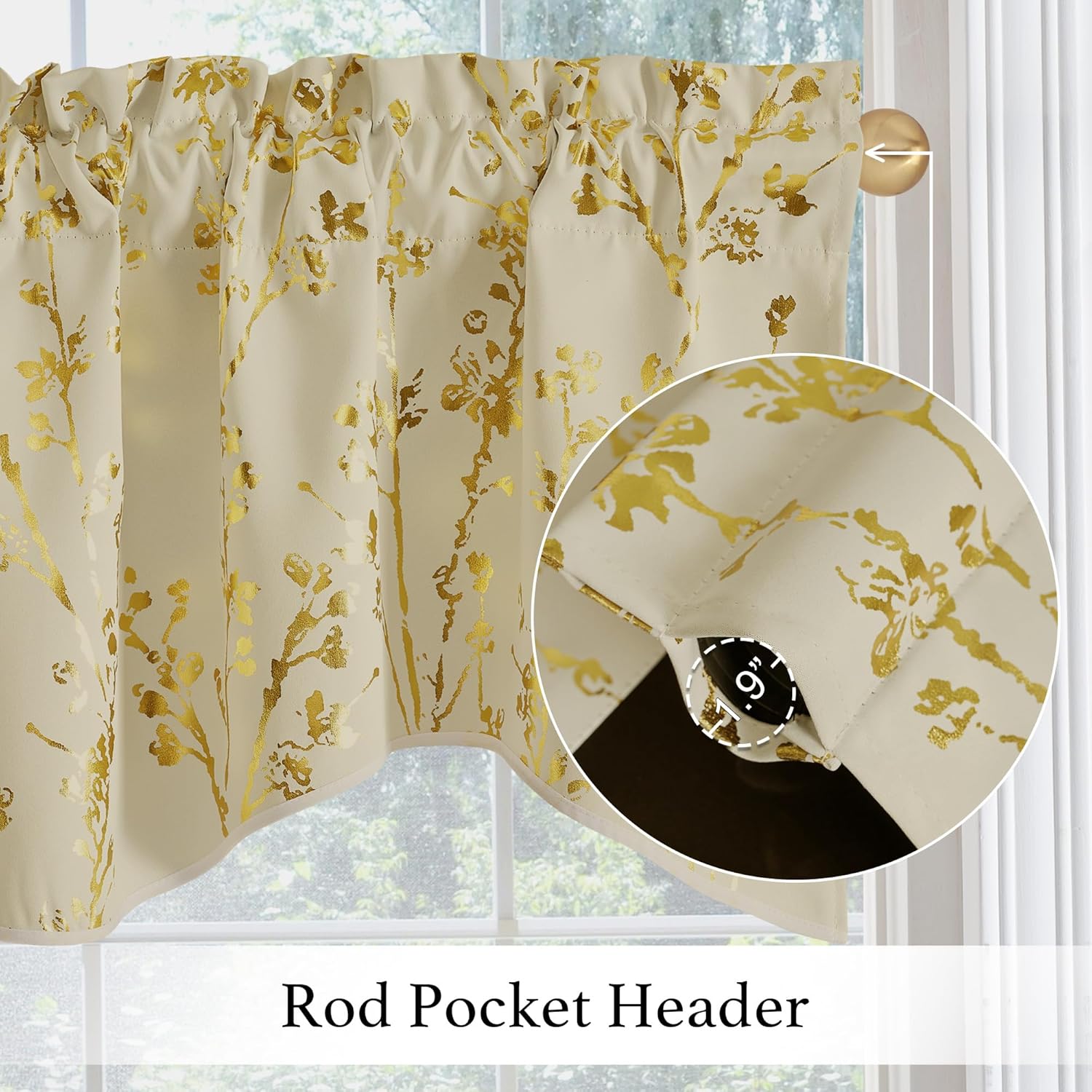 Elegant cream valance with shimmering gold floral pattern and a rod pocket header.