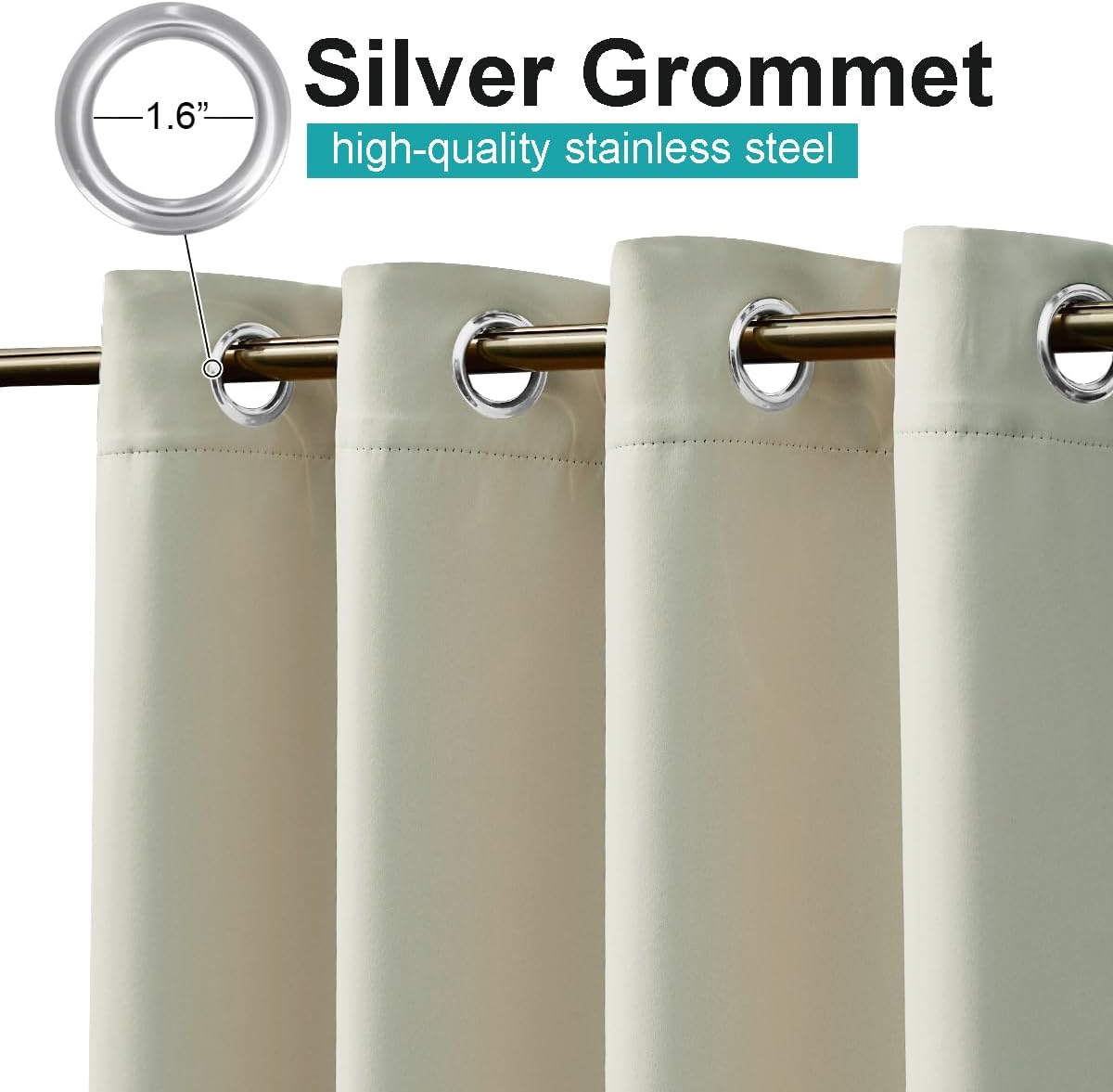 Close-up of light beige curtains with 1.6-inch silver stainless steel grommets, hanging on a golden rod.