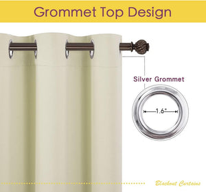Close-up of a cream-colored blackout curtain with a grommet top design, featuring 1.6-inch silver grommets on a dark bronze rod.