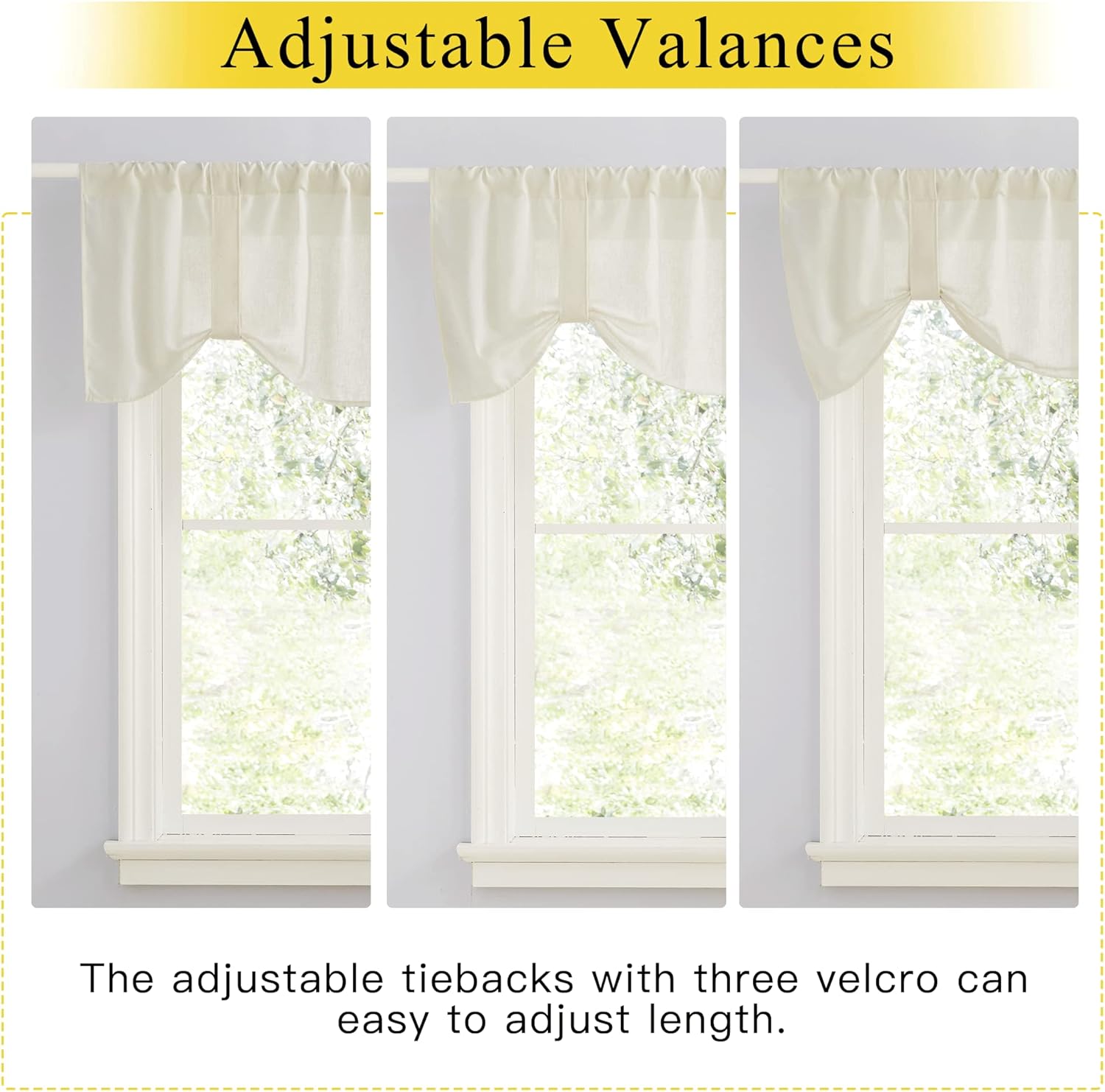 Cream linen adjustable tie-back valances displayed in three different lengths on a bright window.