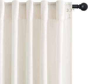 Cream rod pocket curtain, textured fabric, hanging on a black rod. 3.7-inch rod pocket detail visible.