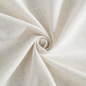 Close-up of cream natural linen-blend woven fabric, showing visible slubs and textured surface.