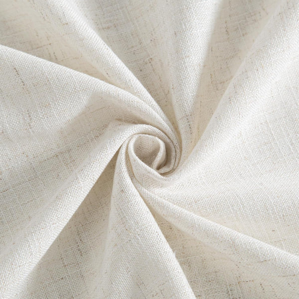 Close-up of cream natural linen-blend woven fabric, showing visible slubs and textured surface.