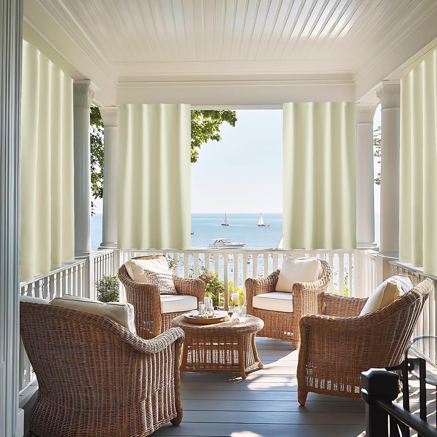 Cream outdoor privacy curtains hanging on a white porch overlooking a serene lake with boats.
