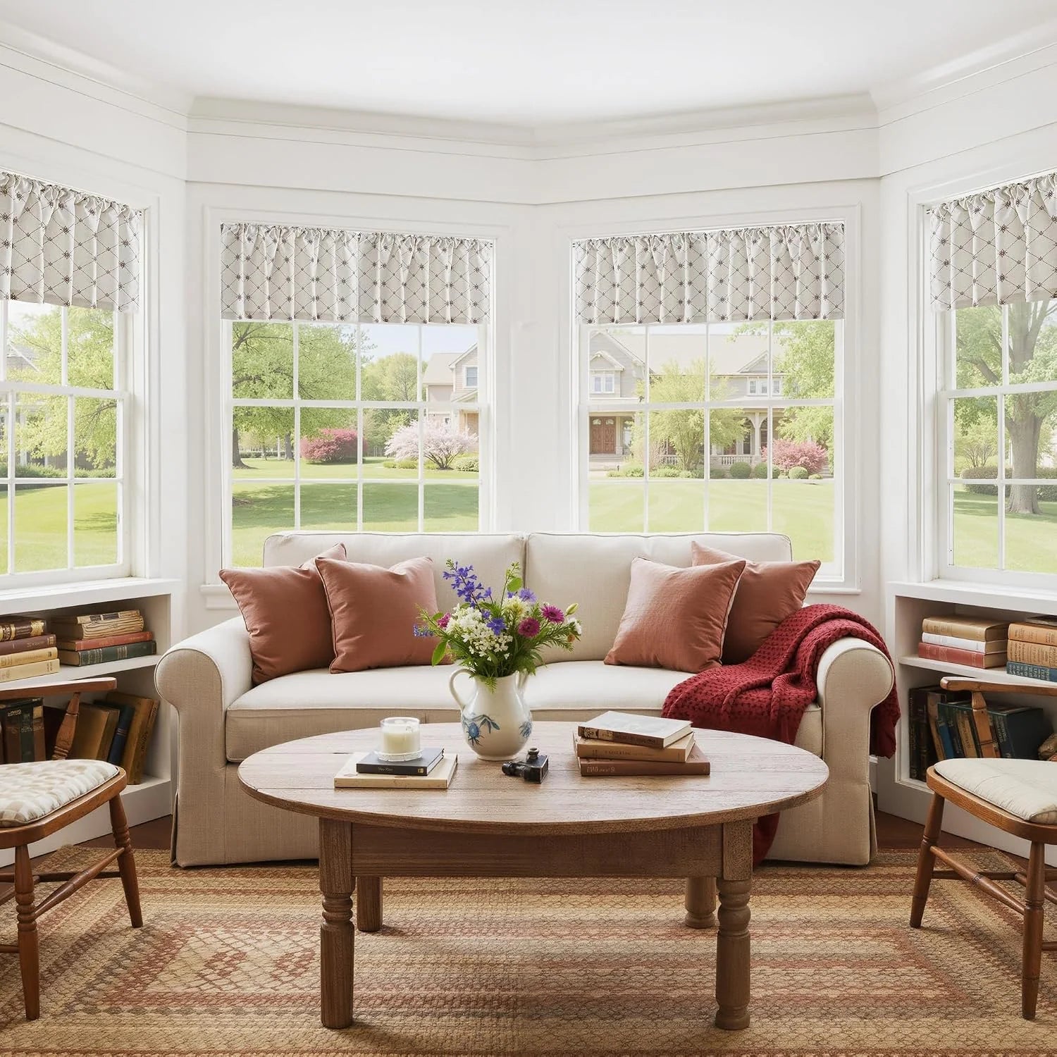 Cream patterned fabric valances above bay windows in a bright cozy living room