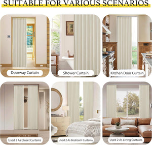 Cream pleated sliding panel curtain, versatile for doorways, showers, closets, and windows.