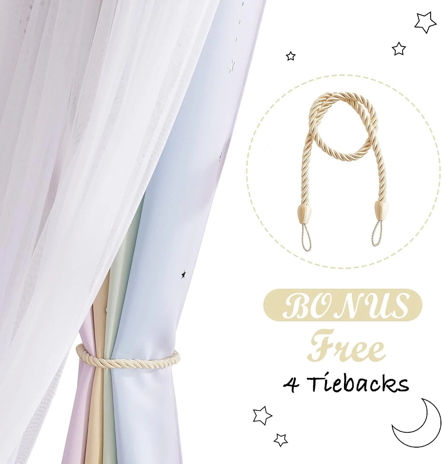 Cream rope curtain tieback holding pastel blackout curtains beside a sheer white panel