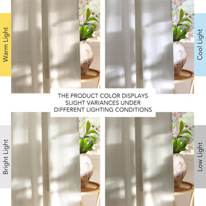 Light beige sheer curtain fabric displays color variations under warm, cool, bright, and low light.