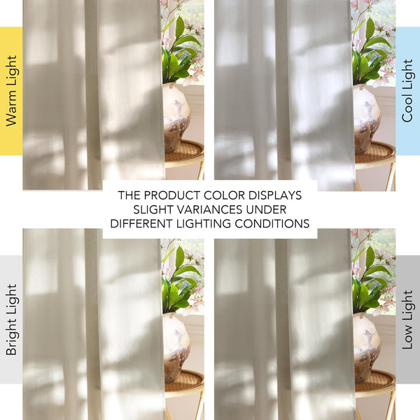 Light beige sheer curtain fabric displays color variations under warm, cool, bright, and low light.