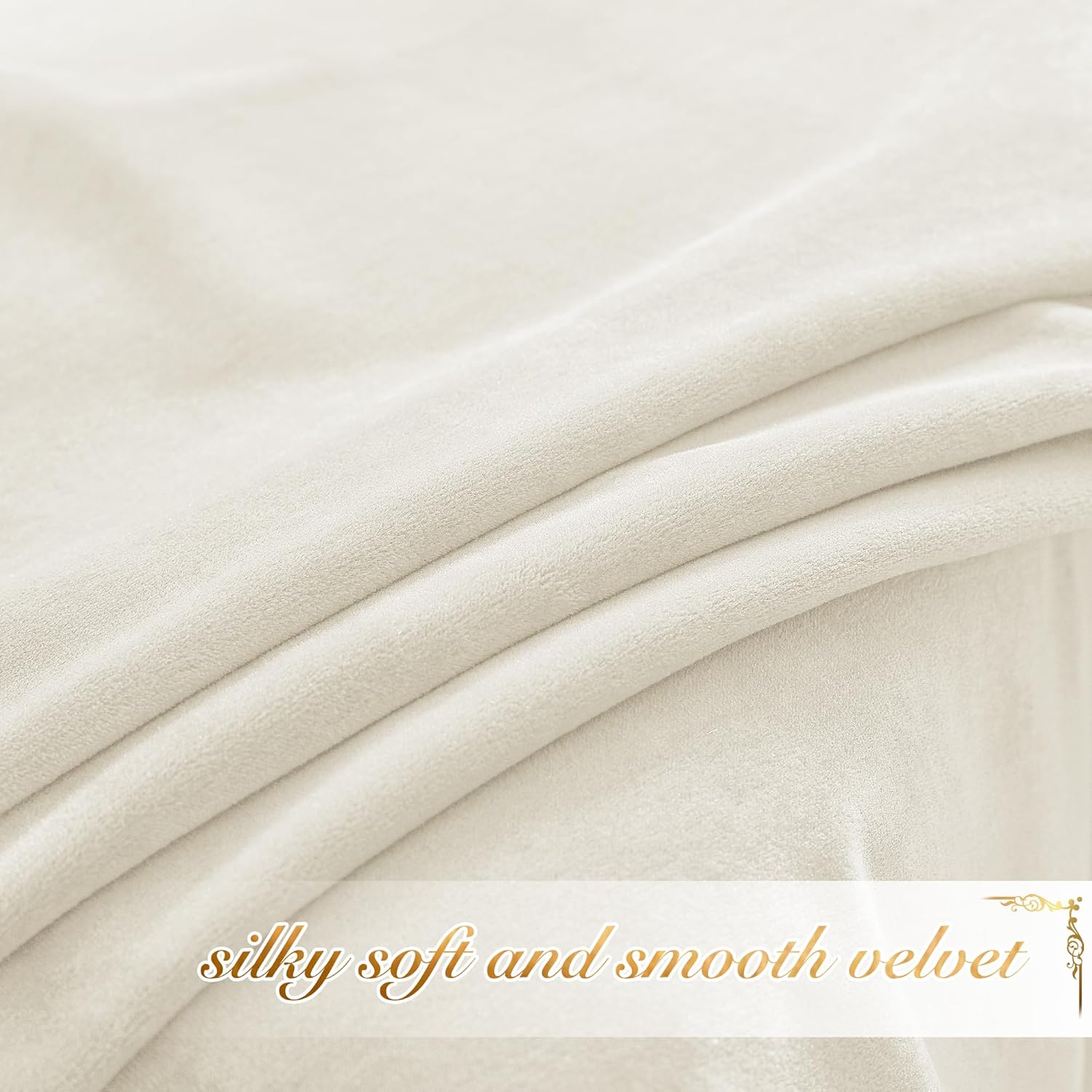 Close-up of light cream velvet fabric, showcasing its silky-soft and smooth texture with gentle folds.