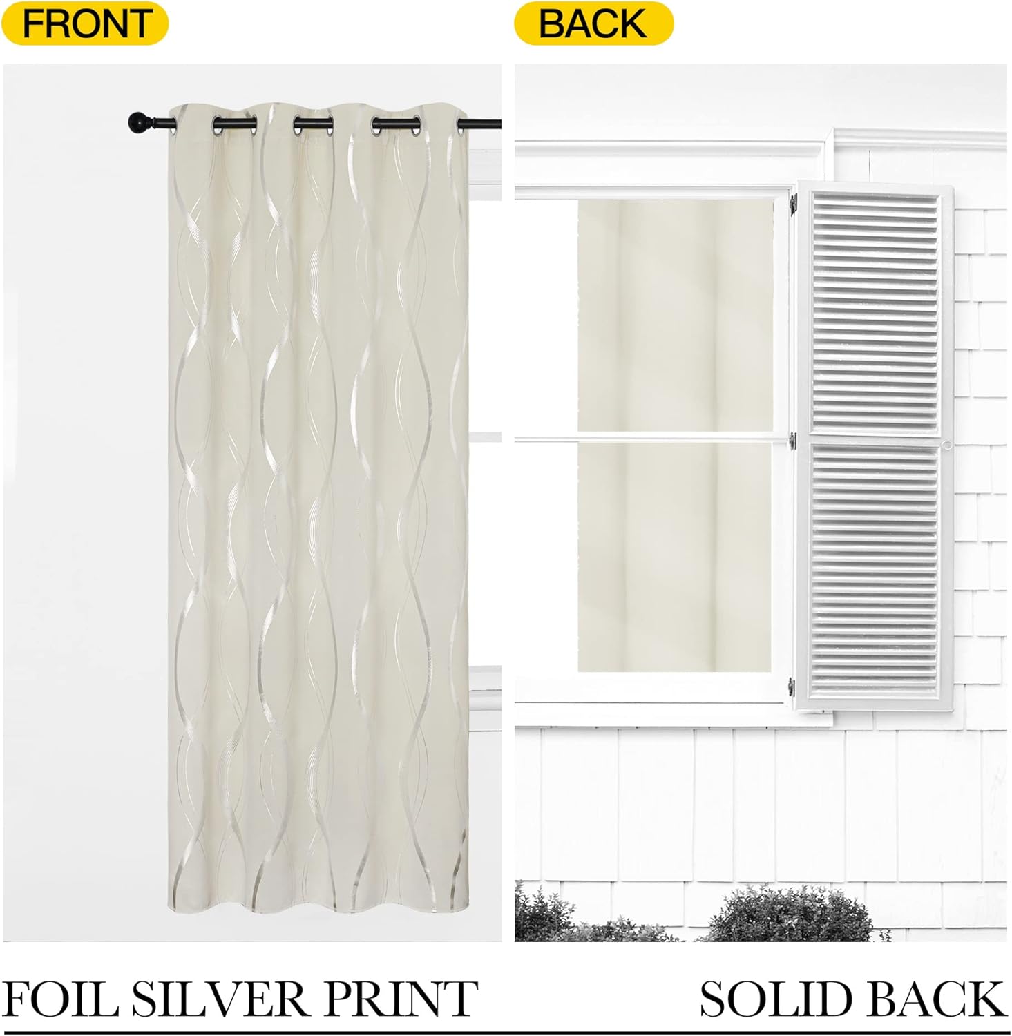 Cream curtain features wavy silver foil print and metal grommet top, paired with solid cream back.