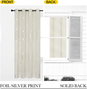 Cream curtain features wavy silver foil print and metal grommet top, paired with solid cream back.