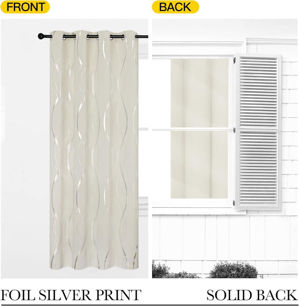 Cream curtain features wavy silver foil print and metal grommet top, paired with solid cream back.