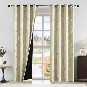 Cream blackout curtains with a modern silver wavy pattern and grommet top, partially open.
