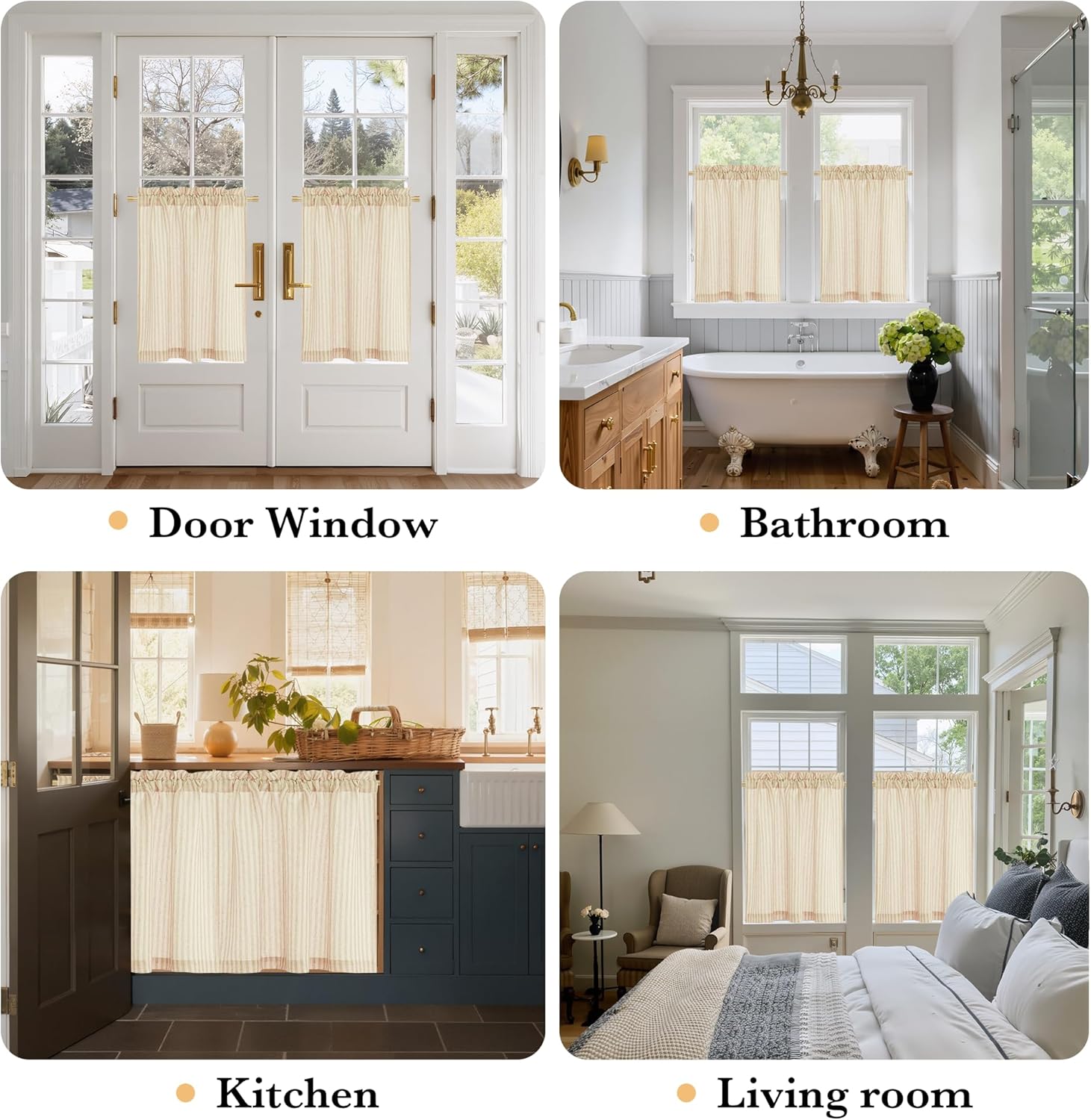 Cream and light brown vertical striped cafe tier curtains with a gathered rod pocket top.