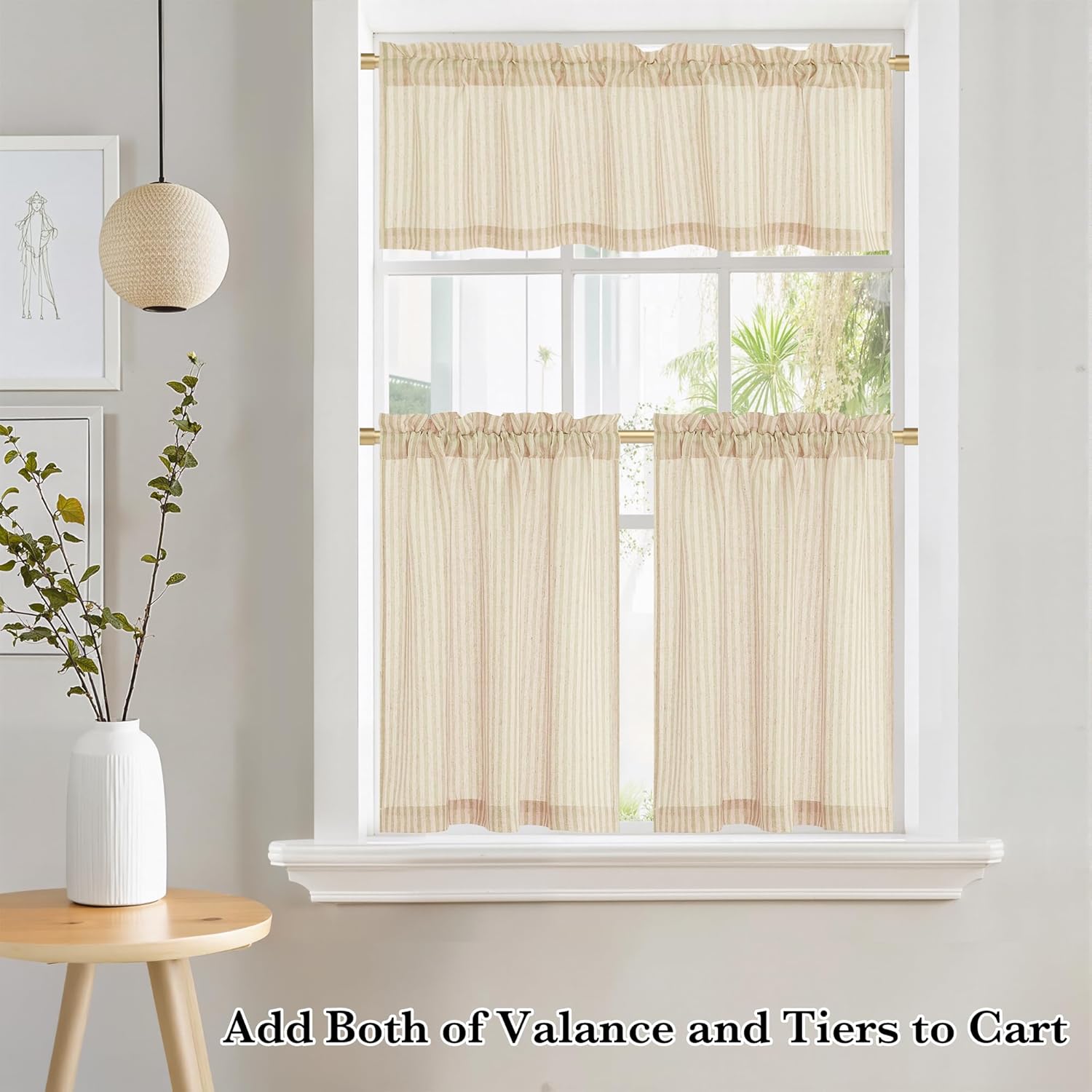 Light cream vertical striped window valance and tier curtains with ruffled rod pocket top.
