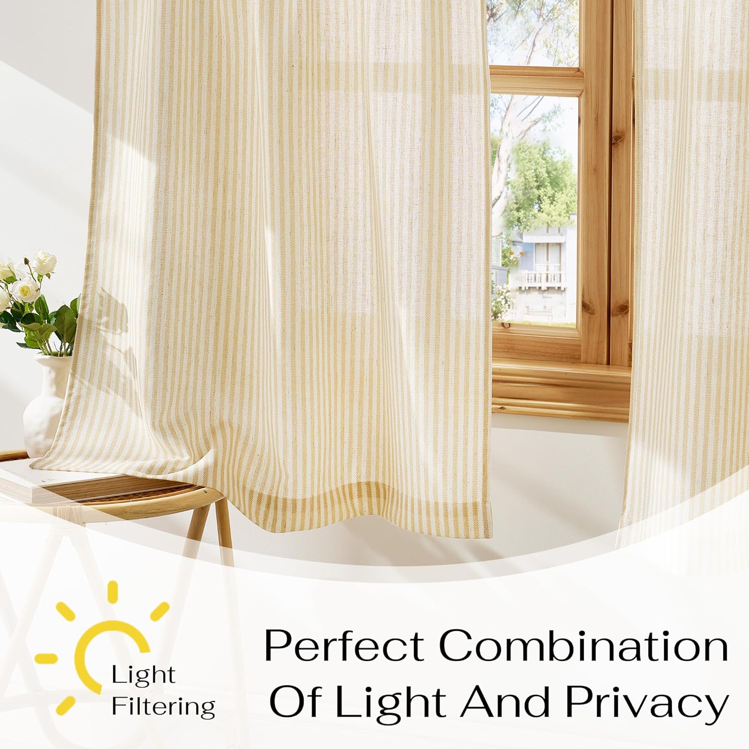 Textured cream and beige striped light filtering curtains framing a wooden window, diffusing natural light gently.