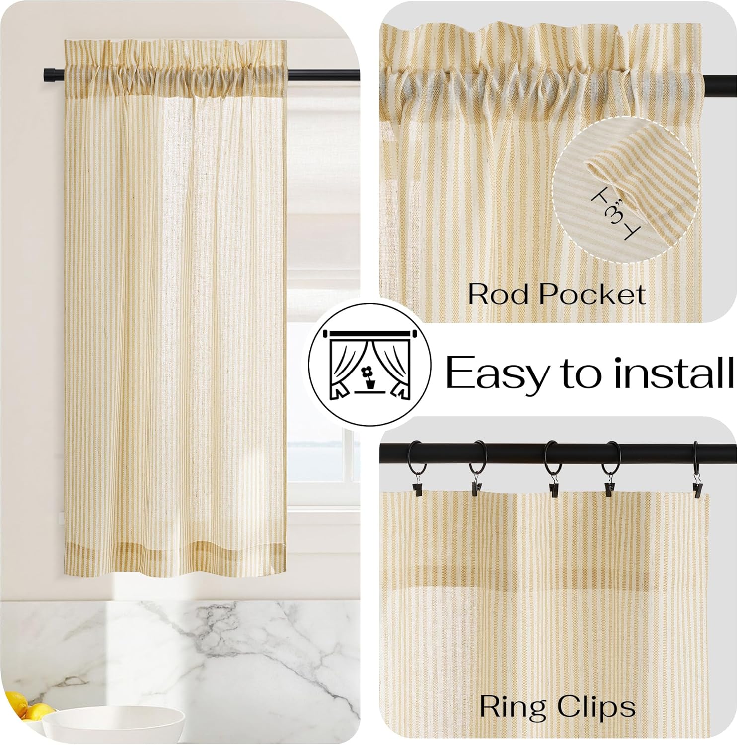 Cream and yellow striped cafe curtain with rod pocket and ring clips for easy installation.