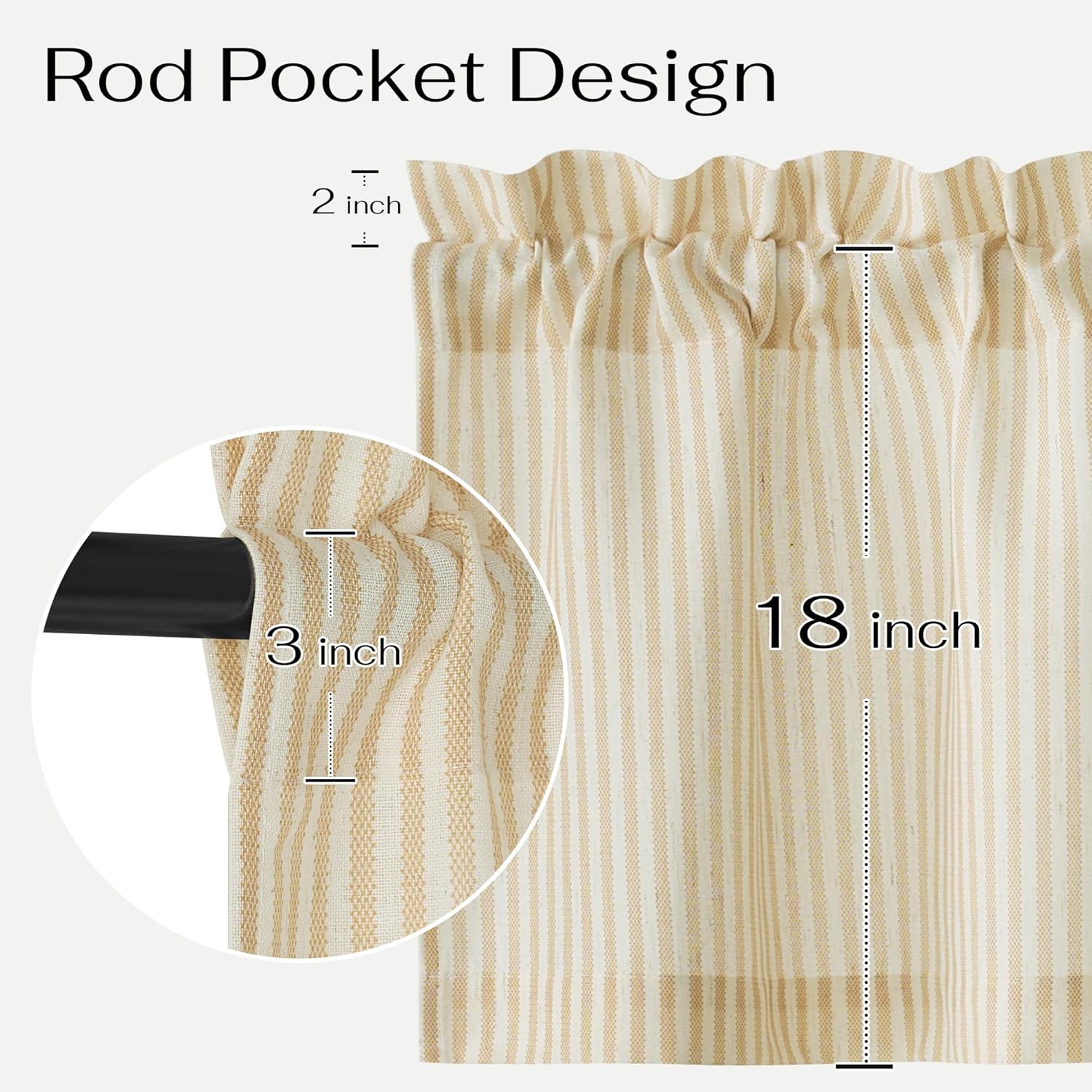 Cream and tan striped 18-inch rod pocket curtain panel with visible 3-inch pocket and gathered top.