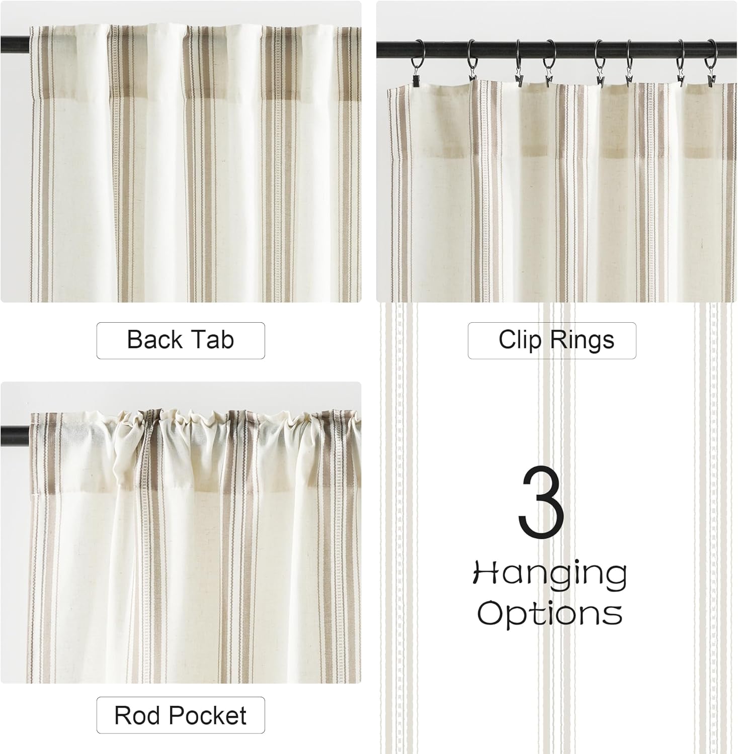 Cream and taupe striped curtain with visible back tab, rod pocket, and clip ring hanging options.