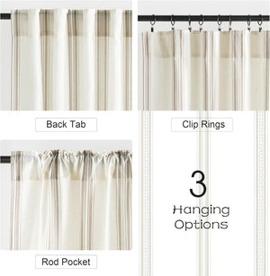 Cream and taupe striped curtain with visible back tab, rod pocket, and clip ring hanging options.