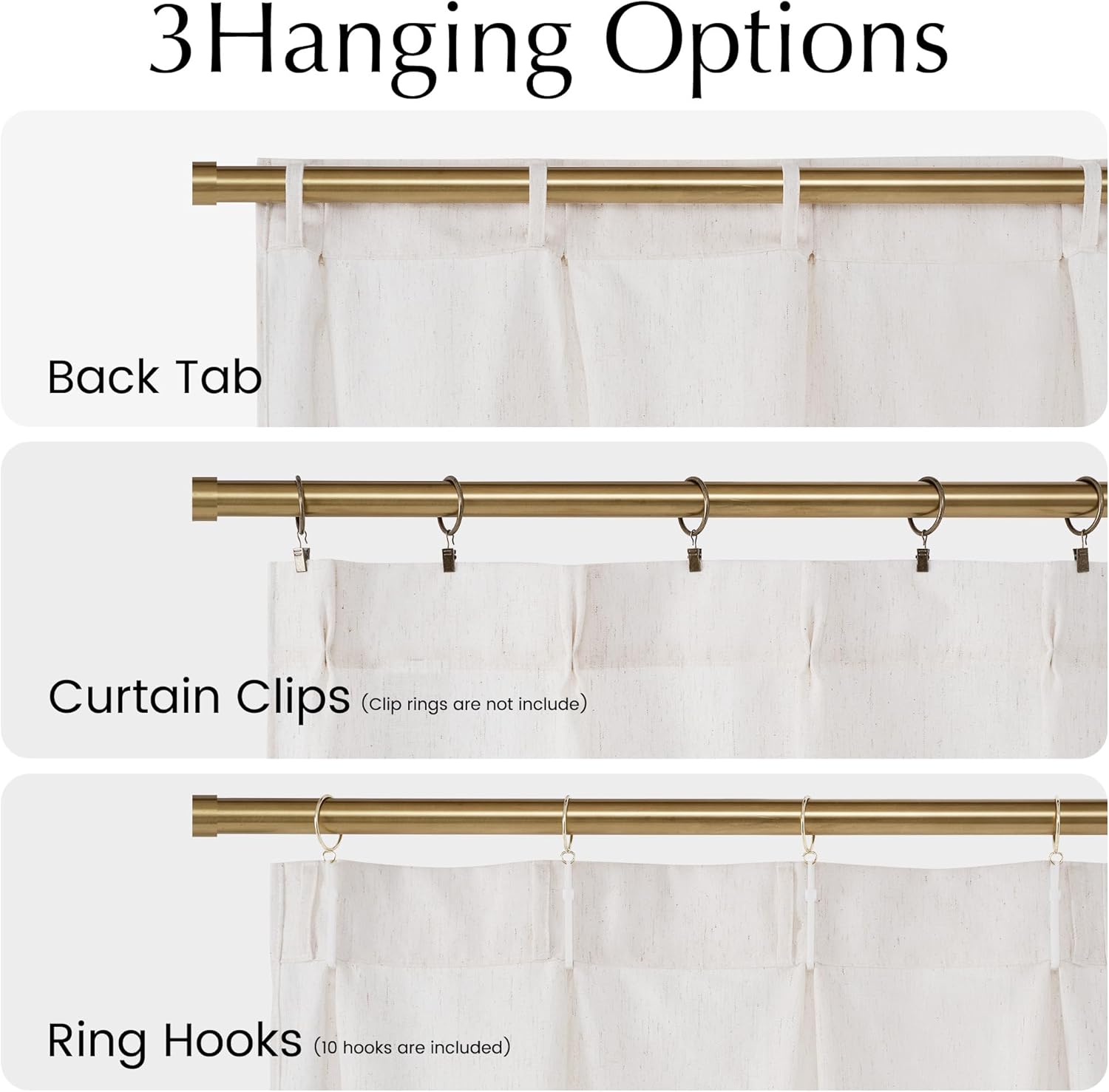 Textured cream curtain on gold rod, showing back tab, clip rings, and hook hanging options.