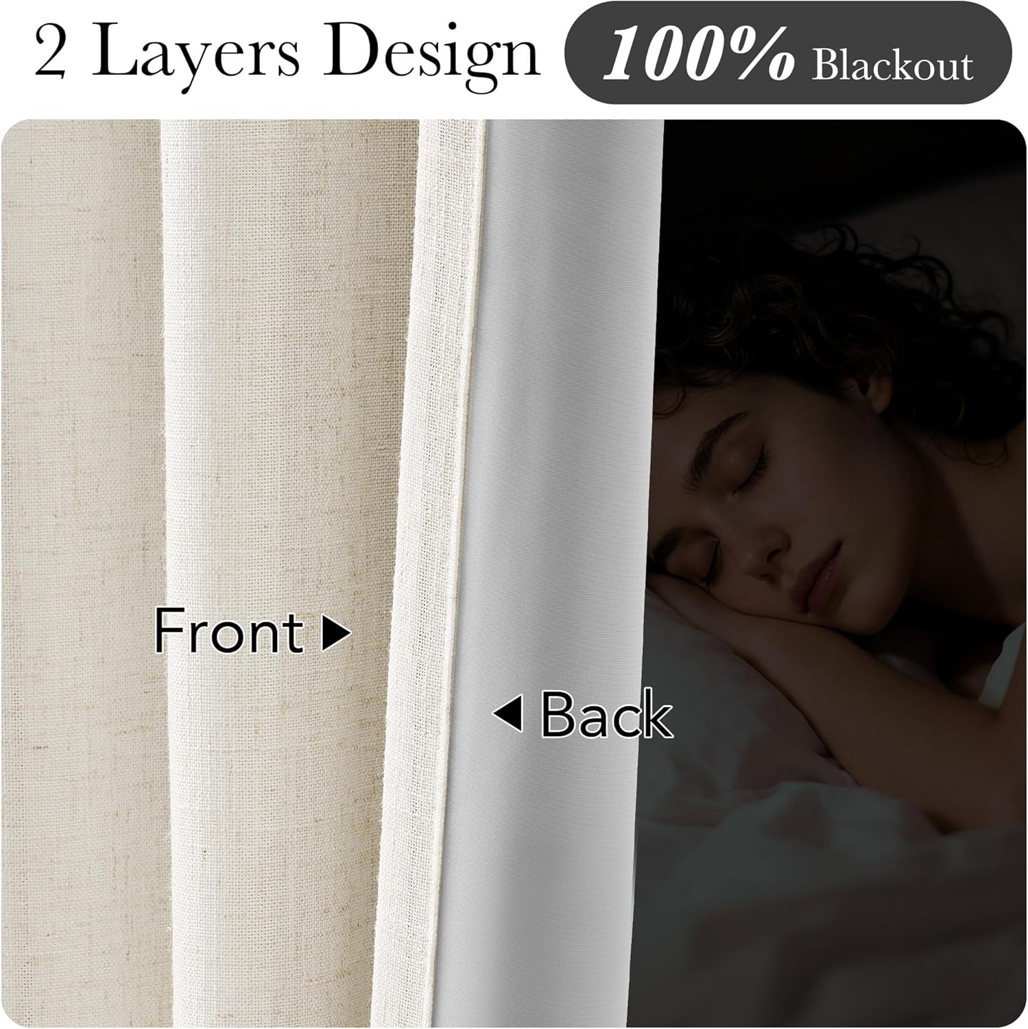Close-up of cream textured two-layer blackout curtain, showing linen-like front and grey lining.