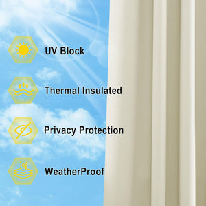 Cream thermal insulated curtain with UV block, privacy protection, and weatherproof features.