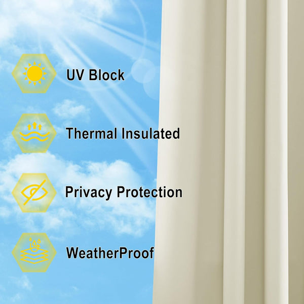 Cream thermal insulated curtain with UV block, privacy protection, and weatherproof features.