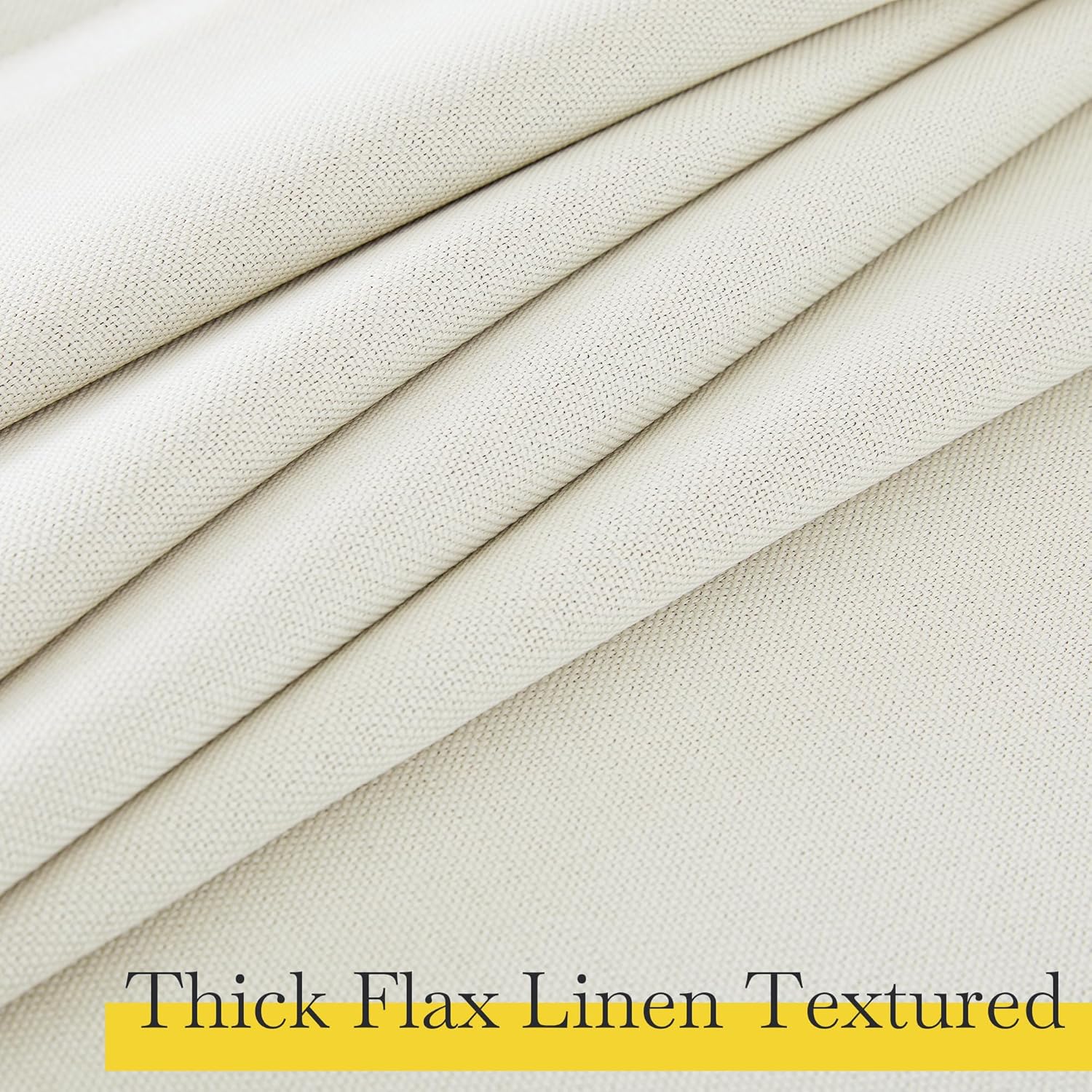 Close-up of cream thick flax linen textured fabric, folded to reveal its natural weave and soft drape.