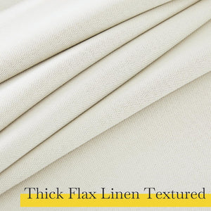 Close-up of cream thick flax linen textured fabric, folded to reveal its natural weave and soft drape.