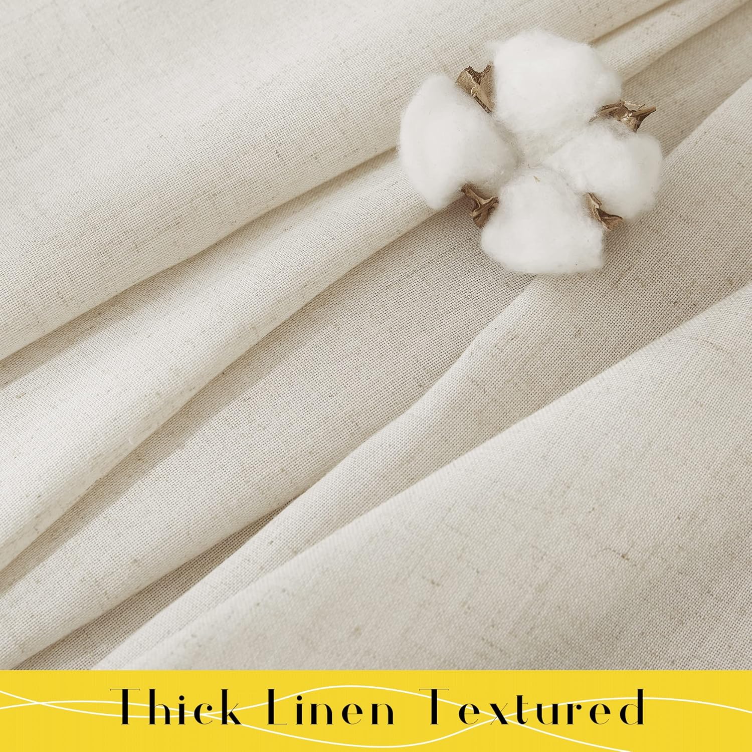 Close-up of cream thick linen textured fabric, showcasing its natural weave. A fluffy white cotton boll emphasizes the material.
