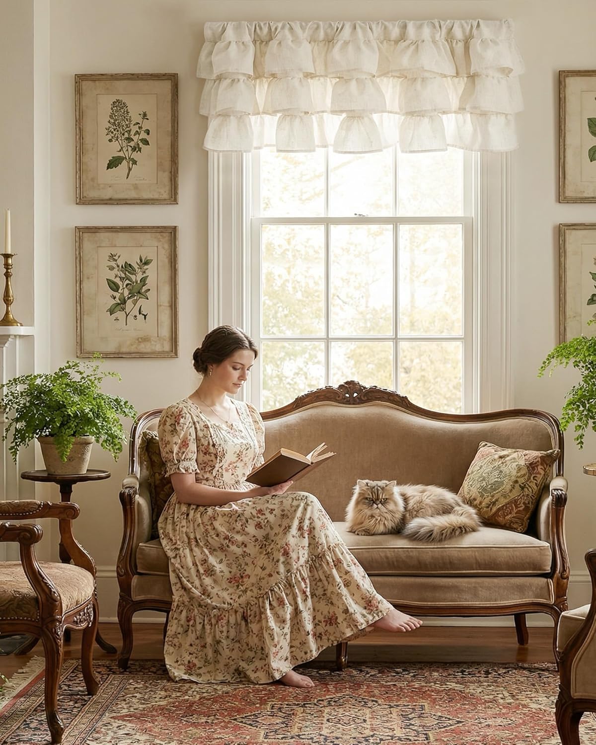 Cream tiered ruffled linen window valance hanging over a sunlit window in a cozy, farmhouse-style room.