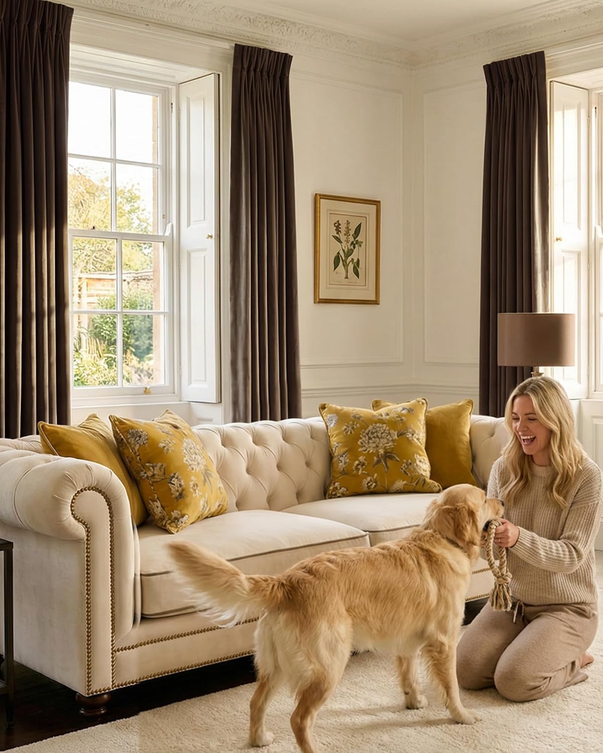 Cream tufted Chesterfield sofa with rolled arms and nailhead trim in a classic living room.
