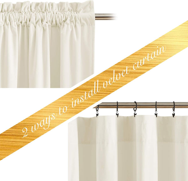 Cream velvet curtain demonstrating two installation styles: rod pocket and clip rings on a rod