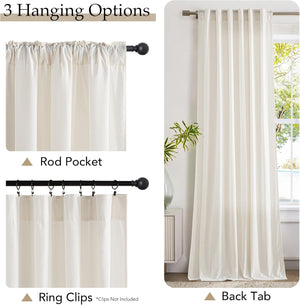Cream curtain panel showcasing rod pocket, back tab, and ring clip hanging styles.
