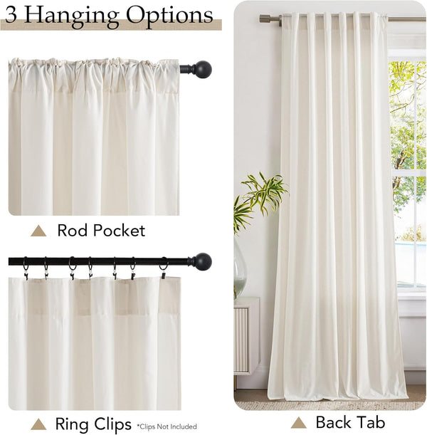 Cream curtain panel showcasing rod pocket, back tab, and ring clip hanging styles.
