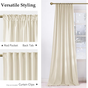 Cream fabric curtain panel showing versatile rod pocket and back tab hanging styles against a winter window.