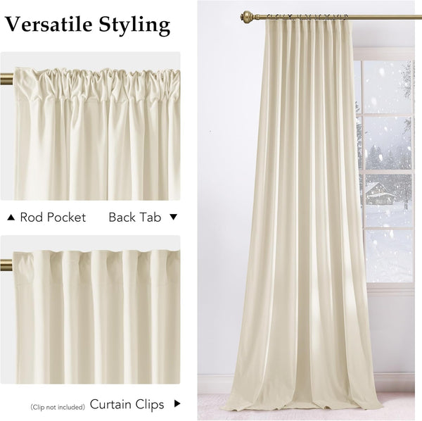Cream fabric curtain panel showing versatile rod pocket and back tab hanging styles against a winter window.