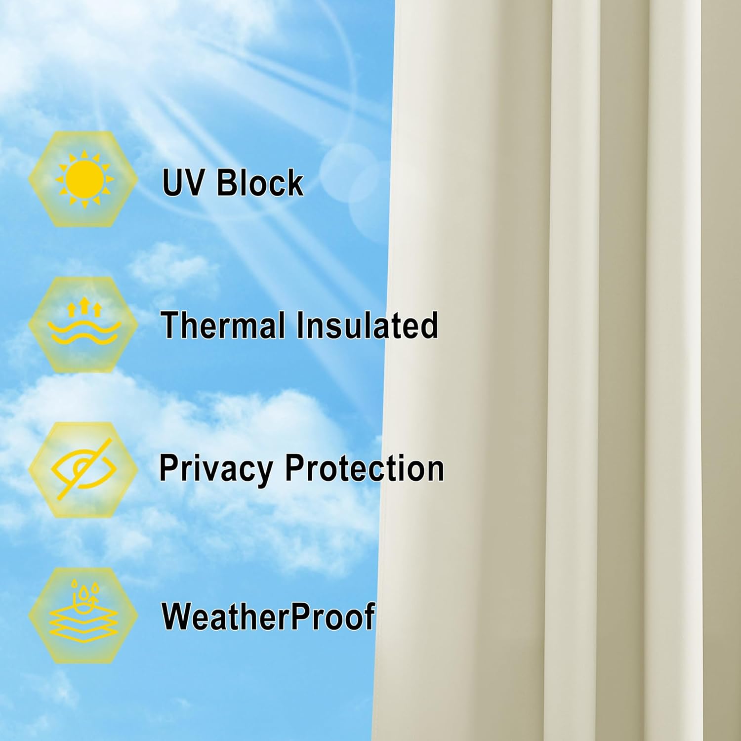 Cream curtain panel with features: UV block, thermal insulated, privacy, and weatherproof.