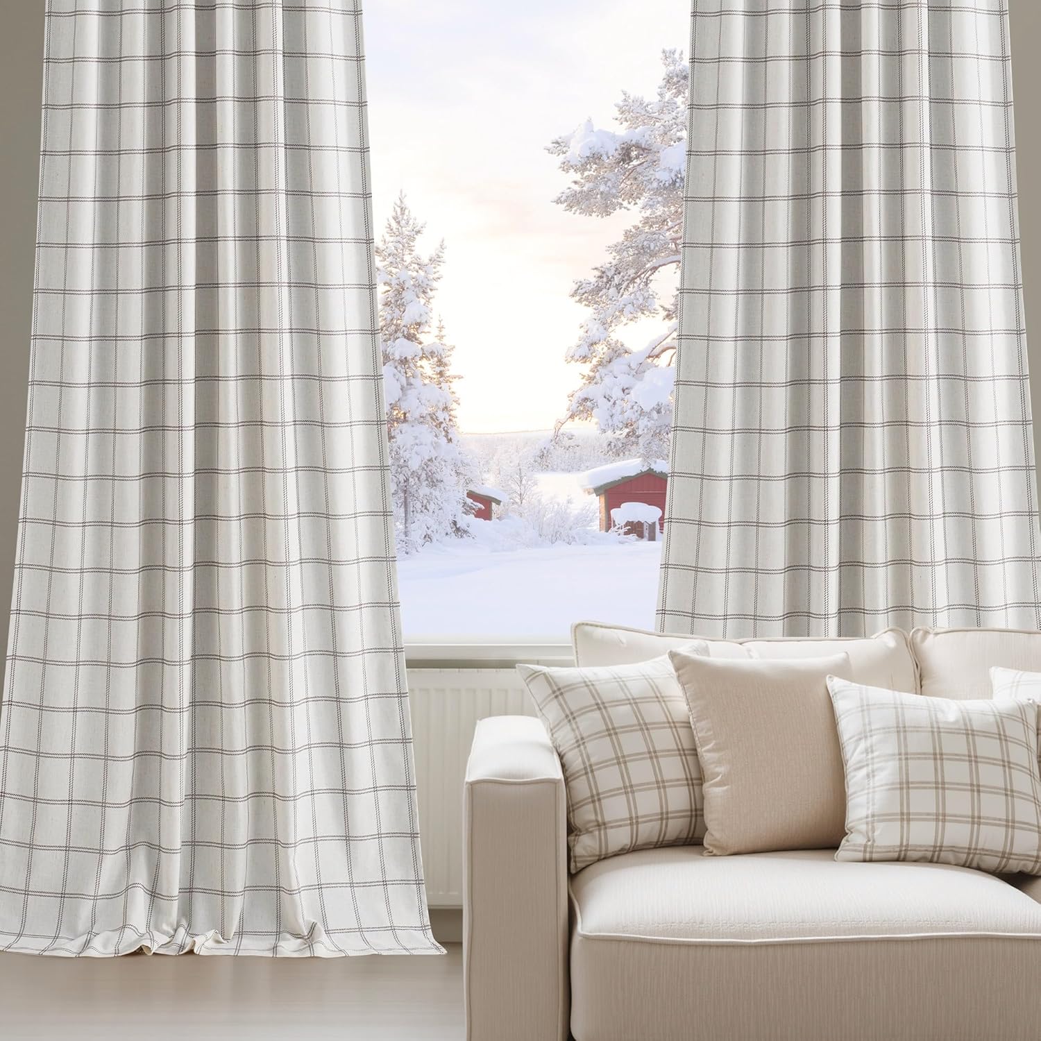 Cream linen blend curtains with dark grid windowpane plaid pattern, framing a winter window view.