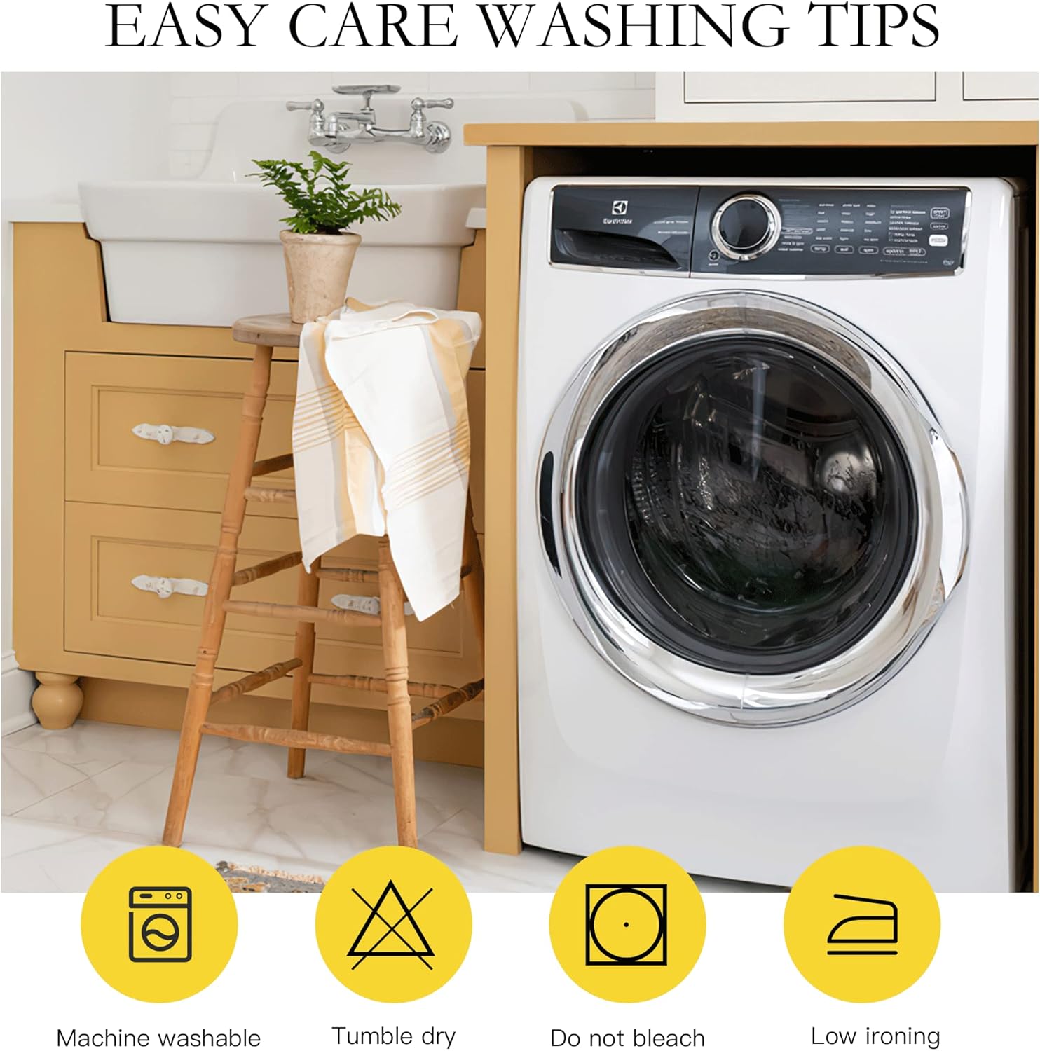 Cream and yellow striped cotton towel draped on a wooden stool in a bright laundry room setting.