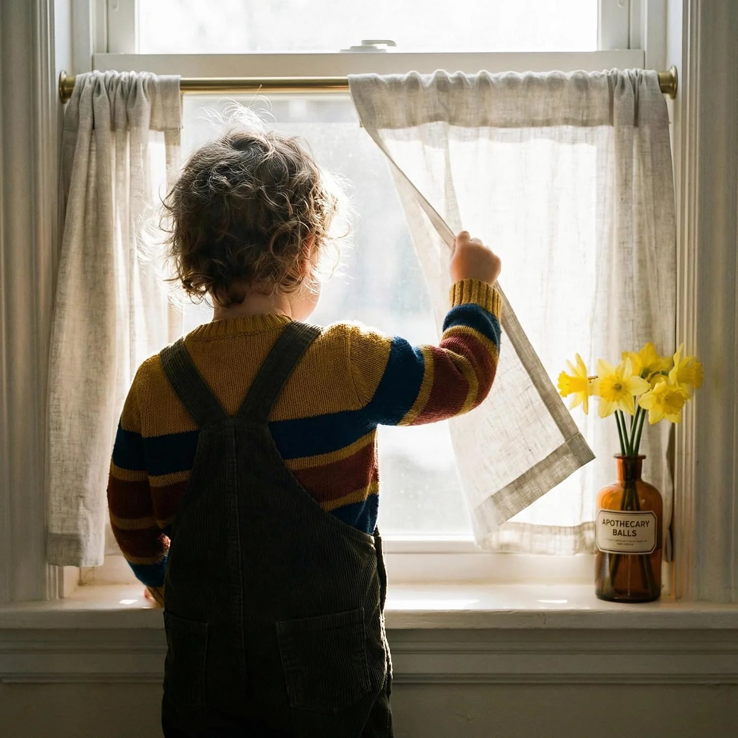 Curious toddler in striped sweater peeking through sheer linen curtain at a bright window with daffodils.