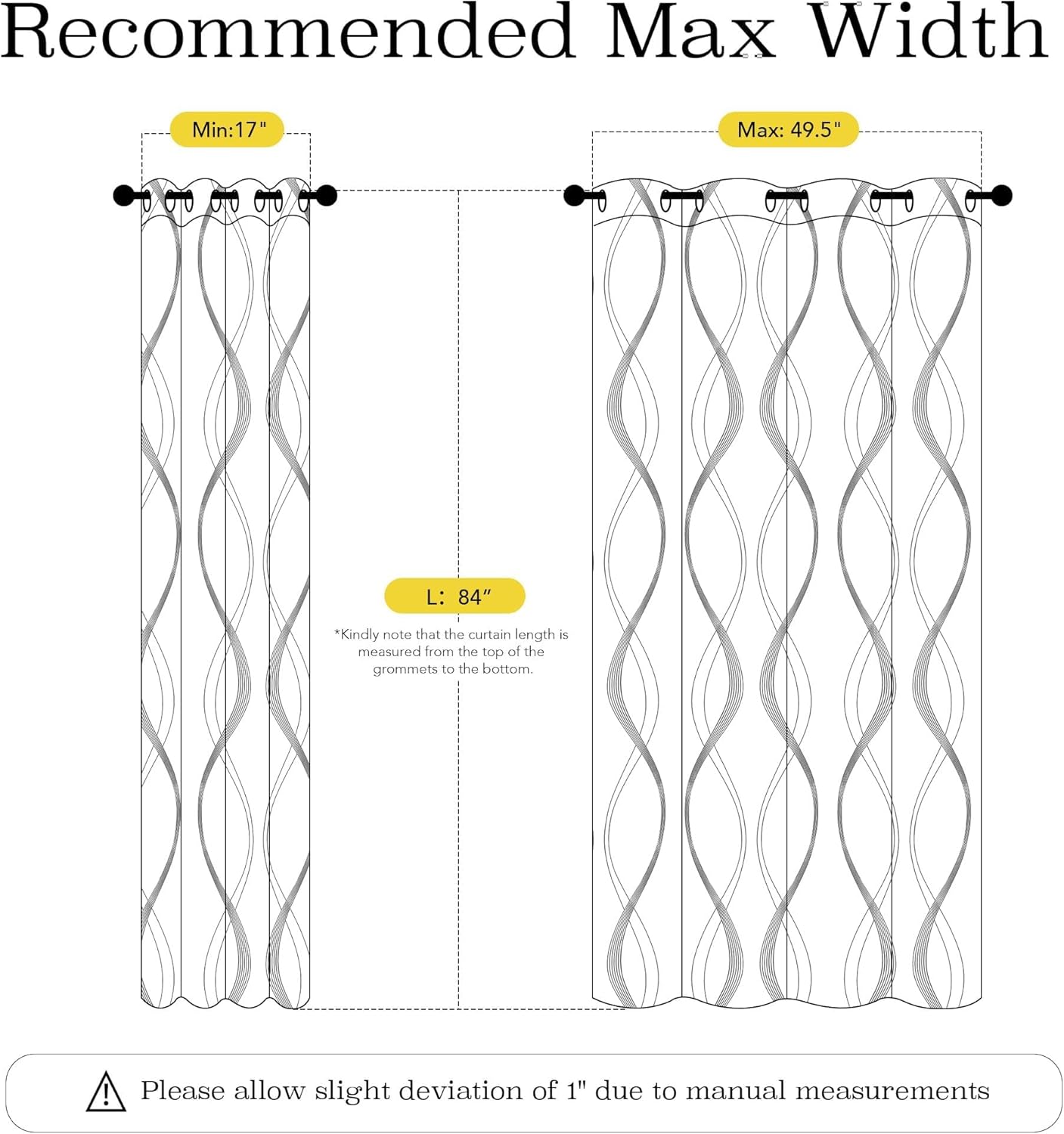 Grommet curtain panel diagram: 17 to 49.5 inch width range and 84 inch length measurement.