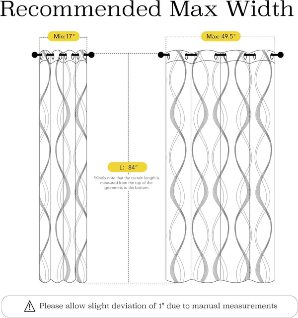 Grommet curtain panel diagram: 17 to 49.5 inch width range and 84 inch length measurement.