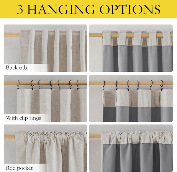 Beige and two-tone gray textured curtains demonstrating back tab, clip ring, and rod pocket hanging options.