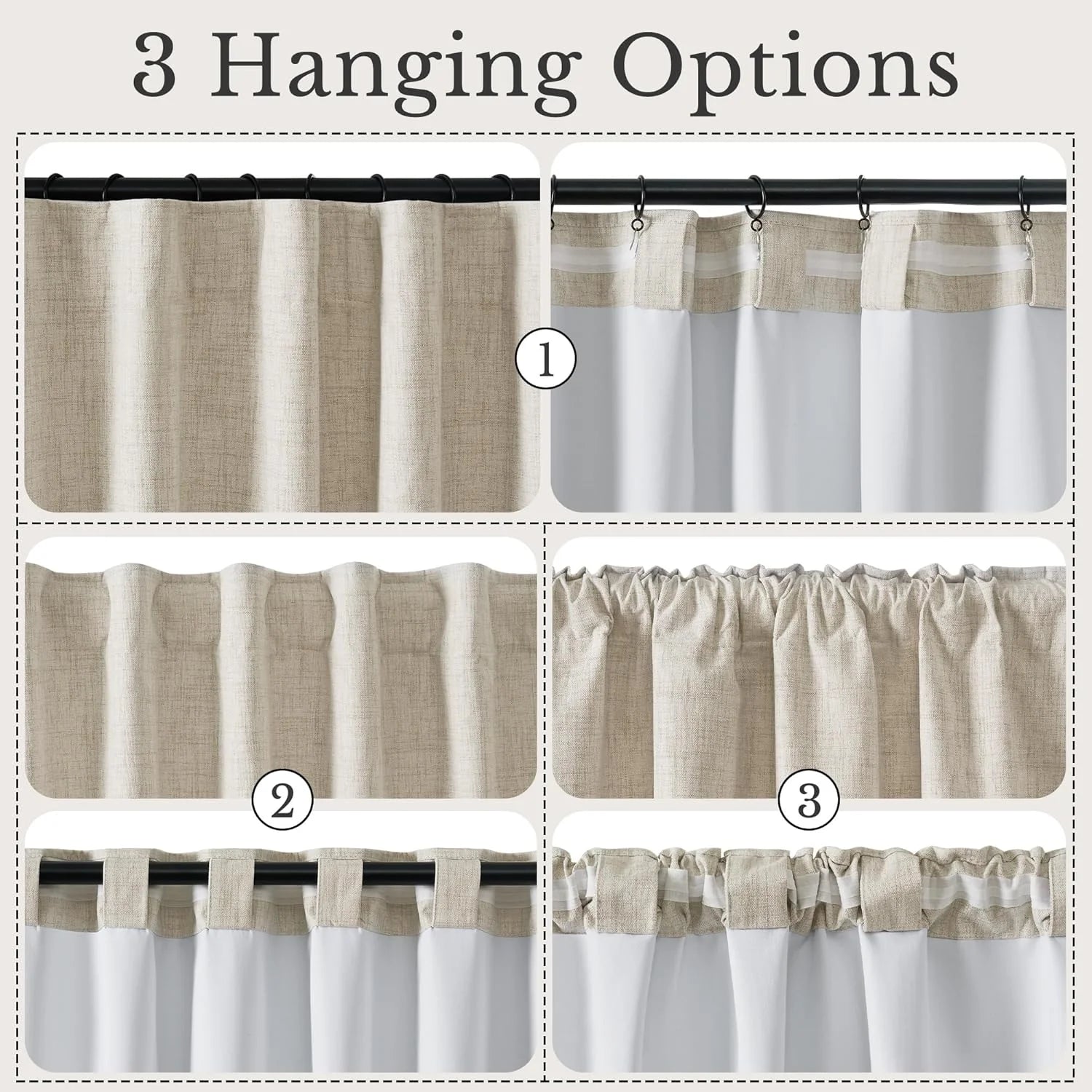 Four panels show back tab, ring clip, pleated, and rod pocket curtain hanging styles on a black rod.