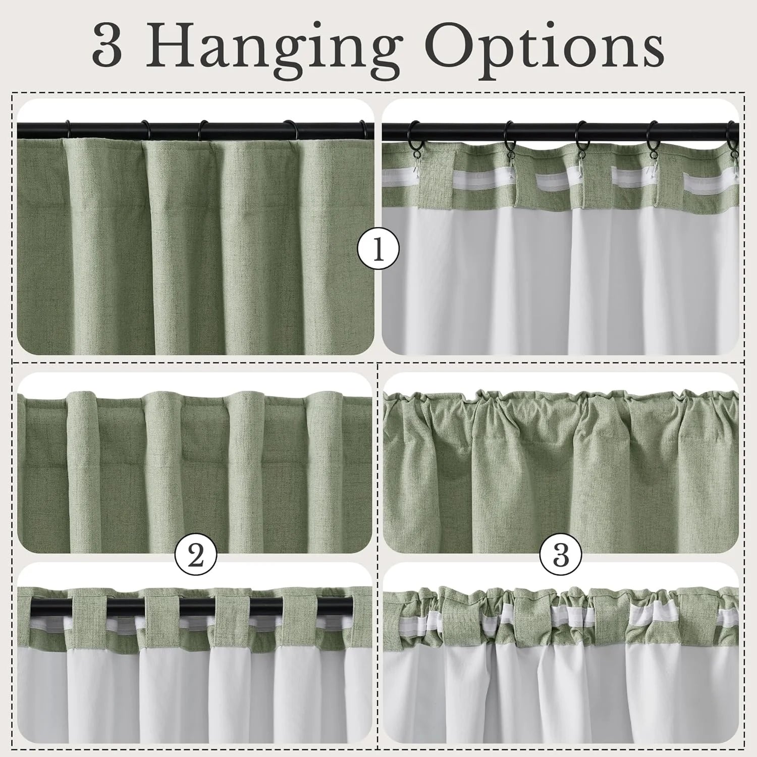 Three curtain hanging styles: pin hooks, back tabs, and rod pocket for green and white fabric.